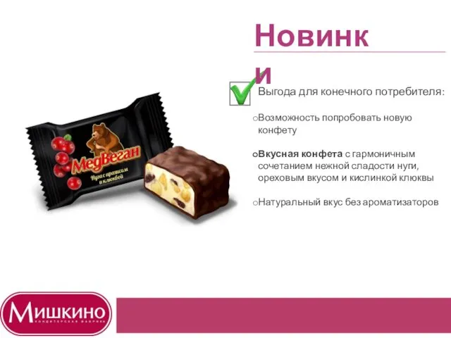 Выгода для конечного потребителя: Возможность попробовать новую конфету Вкусная конфета с