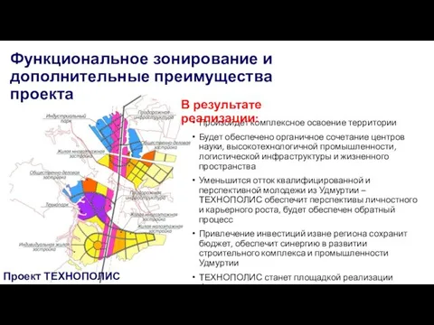 Функциональное зонирование и дополнительные преимущества проекта Проект ТЕХНОПОЛИС Произойдет комплексное освоение