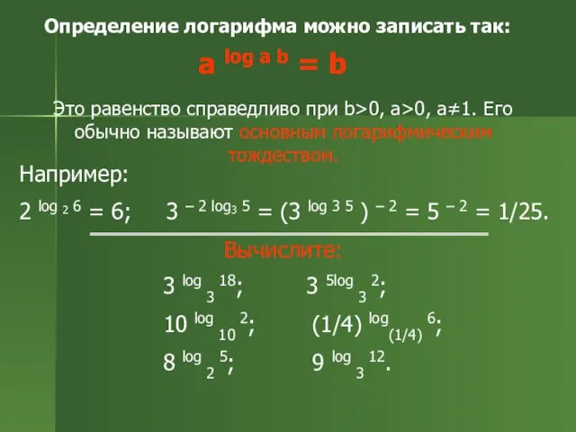 Определение логарифма можно записать так: a log a b = b