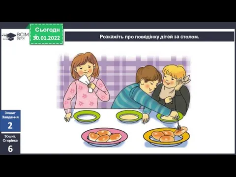 30.01.2022 Сьогодні Розкажіть про поведінку дітей за столом. Зошит. Сторінка 6 Зошит Завдання 2