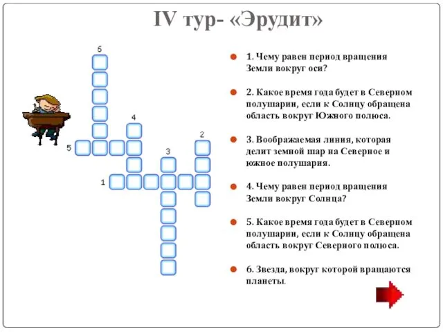 IV тур- «Эрудит» 1. Чему равен период вращения Земли вокруг оси?