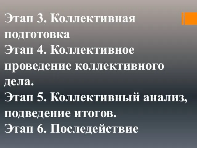 Этап 3. Коллективная подготовка Этап 4. Коллективное проведение коллективного дела. Этап