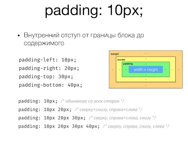 padding: 10px; Внутренний отступ от границы блока до содержимого