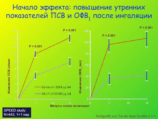 Начало эффекта: повышение утренних показателей ПСВ и ОФВ1 после ингаляции Partridge