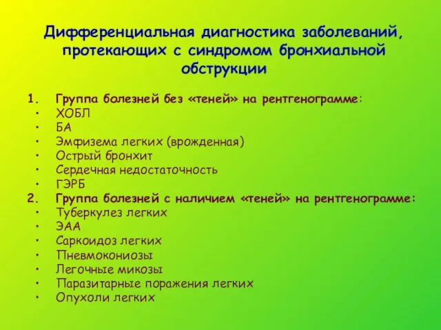 Дифференциальная диагностика заболеваний, протекающих с синдромом бронхиальной обструкции Группа болезней без