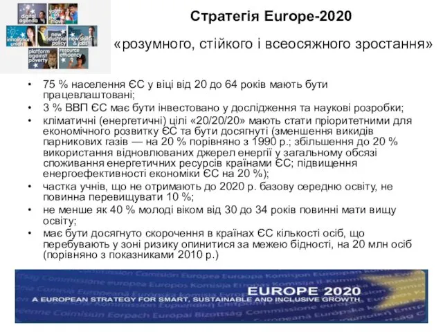 Стратегія Europe-2020 «розумного, стійкого і всеосяжного зростання» 75 % населення ЄС