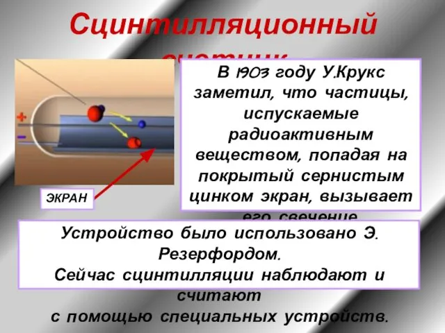 Сцинтилляционный счетчик ЭКРАН В 1903 году У.Крукс заметил, что частицы, испускаемые