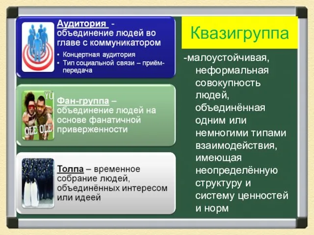 Квазигруппа -малоустойчивая, неформальная совокупность людей, объединённая одним или немногими типами взаимодействия,