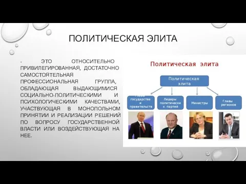 ПОЛИТИЧЕСКАЯ ЭЛИТА - ЭТО ОТНОСИТЕЛЬНО ПРИВИЛЕГИРОВАННАЯ, ДОСТАТОЧНО САМОСТОЯТЕЛЬНАЯ ПРОФЕССИОНАЛЬНАЯ ГРУППА, ОБЛАДАЮЩАЯ