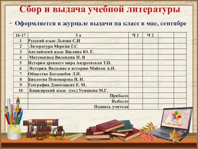 Сбор и выдача учебной литературы Оформляется в журнале выдачи на класс в мае, сентябре