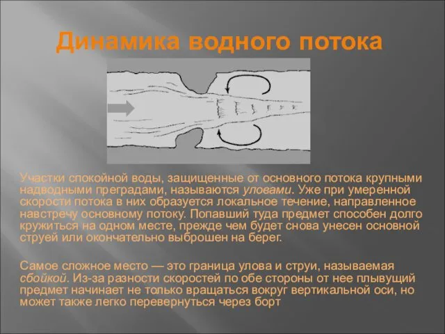 Динамика водного потока Участки спокойной воды, защищенные от основного потока крупными