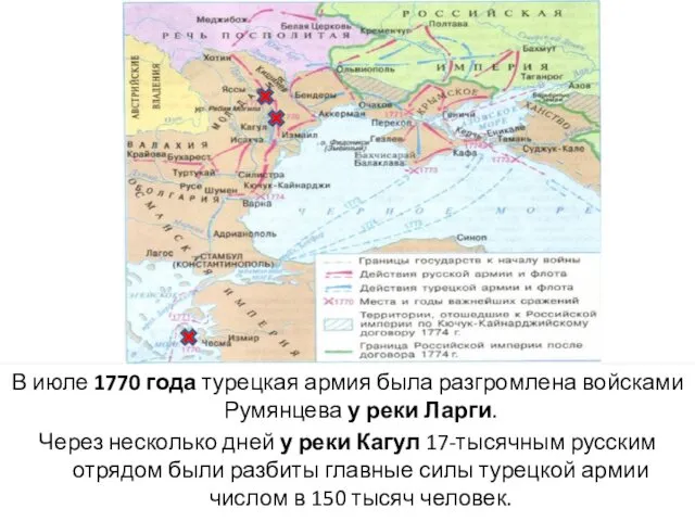 В июле 1770 года турецкая армия была разгромлена войсками Румянцева у