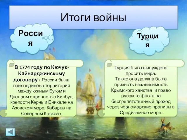 Итоги войны Россия Турция В 1774 году по Кючук-Кайнарджинскому договору к