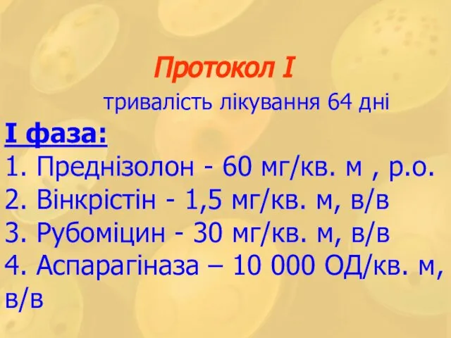 Протокол І тривалість лікування 64 дні І фаза: 1. Преднізолон -