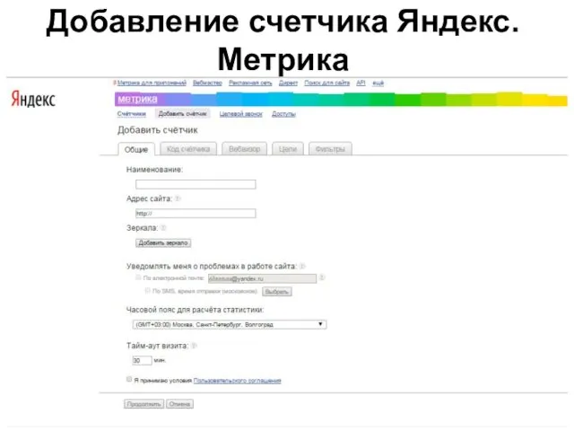 Добавление счетчика Яндекс.Метрика