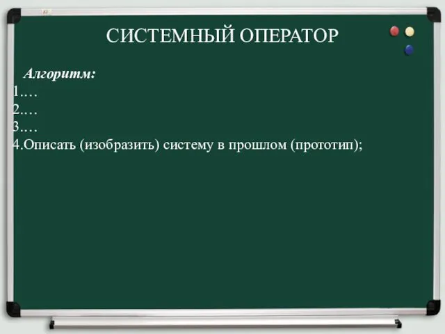 СИСТЕМНЫЙ ОПЕРАТОР Алгоритм: … … … Описать (изобразить) систему в прошлом (прототип);