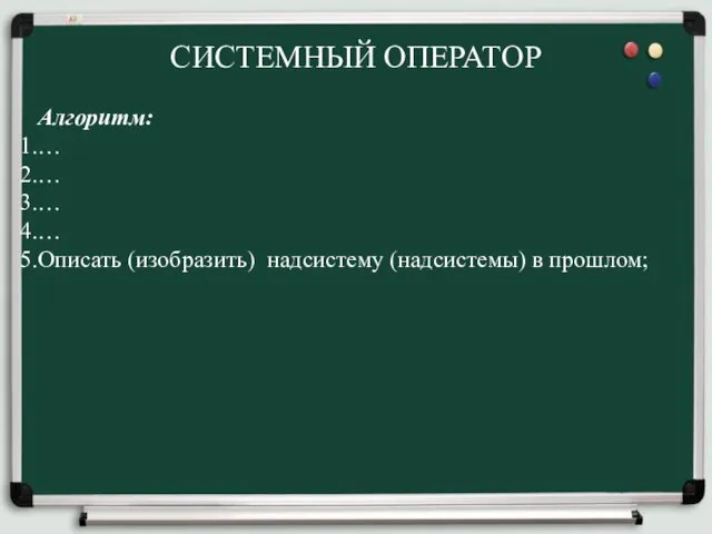 СИСТЕМНЫЙ ОПЕРАТОР Алгоритм: … … … … Описать (изобразить) надсистему (надсистемы) в прошлом;