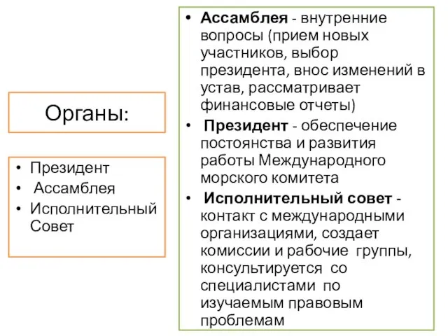 Органы: Президент Ассамблея Исполнительный Совет Ассамблея - внутренние вопросы (прием новых