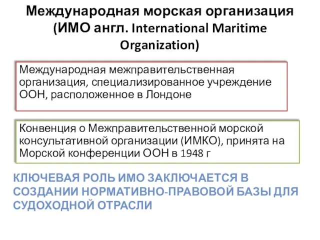 Международная морская организация (ИМО англ. International Maritime Organization) Международная межправительственная организация,