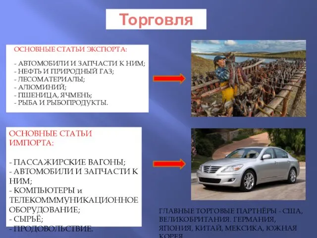 Торговля ОСНОВНЫЕ СТАТЬИ ЭКСПОРТА: - АВТОМОБИЛИ И ЗАПЧАСТИ К НИМ; -