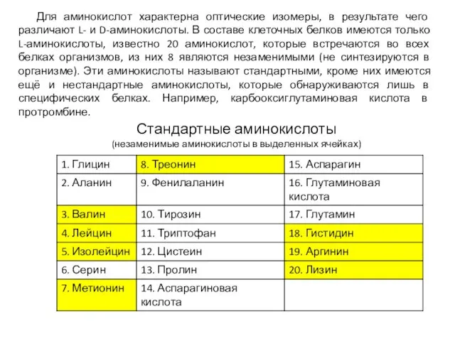 Для аминокислот характерна оптические изомеры, в результате чего различают L- и