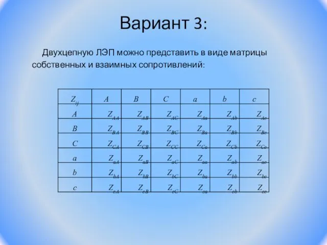 Вариант 3: Двухцепную ЛЭП можно представить в виде матрицы собственных и взаимных сопротивлений: