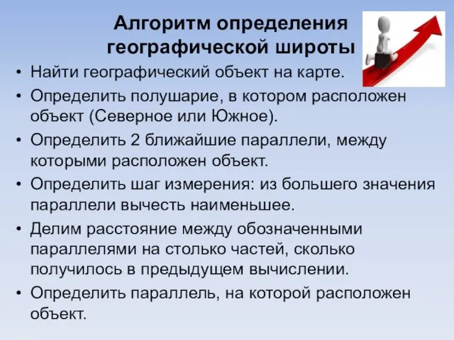 Алгоритм определения географической широты Найти географический объект на карте. Определить полушарие,