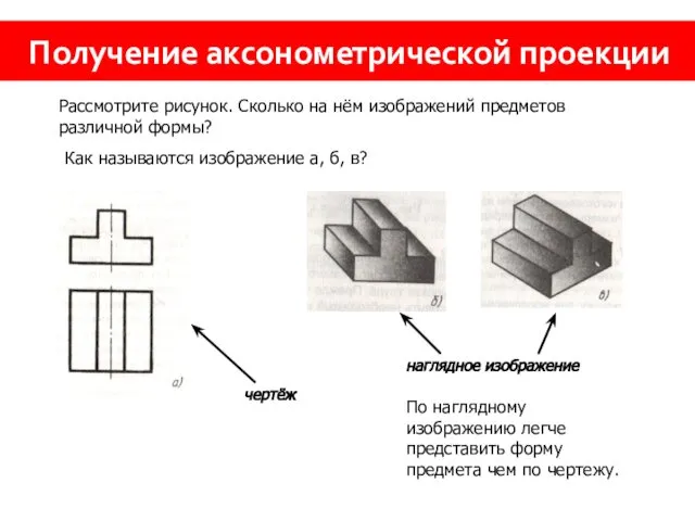 Получение аксонометрической проекции Рассмотрите рисунок. Сколько на нём изображений предметов различной