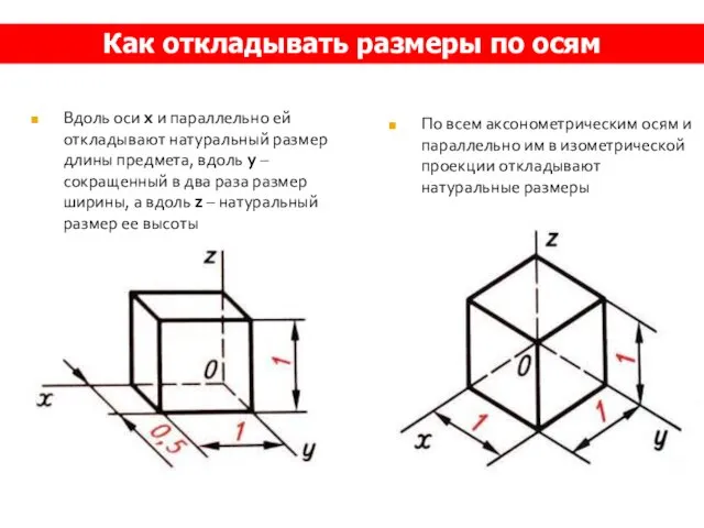 Вдоль оси x и параллельно ей откладывают натуральный размер длины предмета,