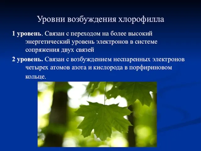 Уровни возбуждения хлорофилла 1 уровень. Связан с переходом на более высокий