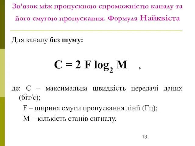 Зв’язок між пропускною спроможністю каналу та його смугою пропускання. Формула Найквіста