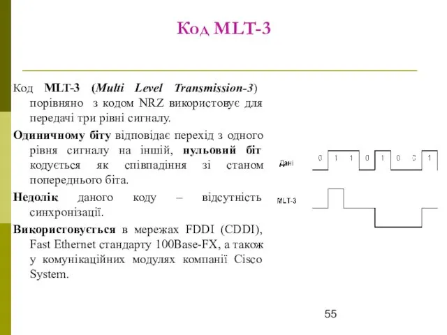 Код MLT-3 Код MLT-3 (Multi Level Transmission-3) порівняно з кодом NRZ