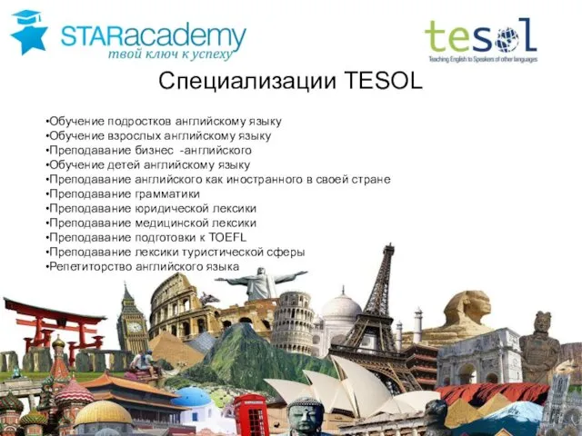 Специализации TESOL Обучение подростков английскому языку Обучение взрослых английскому языку Преподавание