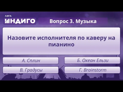 Назовите исполнителя по каверу на пианино А. Сплин Б. Океан Ельзи