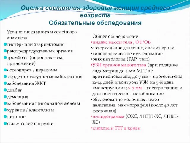 Оценка состояния здоровья женщин среднего возраста Обязательные обследования Уточнение личного и