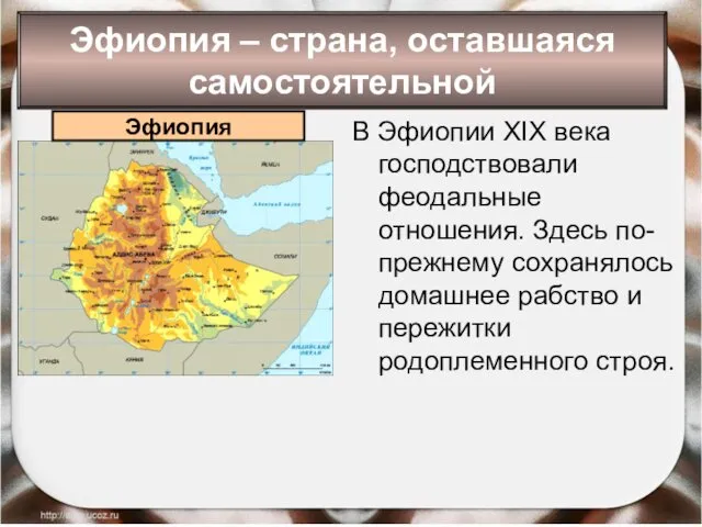 Эфиопия – страна, оставшаяся самостоятельной В Эфиопии XIX века господствовали феодальные