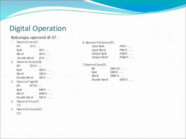 Beberapa operand di S7 : Operand input(I) Bit I 0.0 -