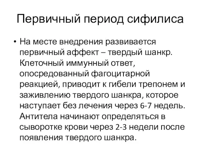 Первичный период сифилиса На месте внедрения развивается первичный аффект – твердый