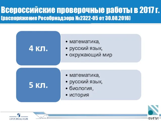 Всероссийские проверочные работы в 2017 г. (распоряжение Рособрнадзора №2322-05 от 30.08.2016)