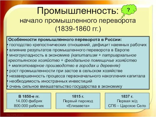 Промышленность: начало промышленного переворота (1839-1860 гг.) Особенности промышленного переворота в России: