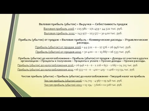 Валовая прибыль (убыток) = Выручка — Себестоимость продаж Валовая прибыль 2016