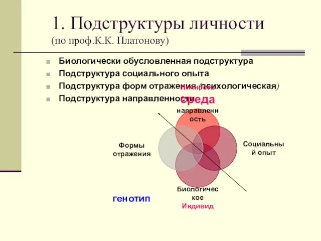 1. Подструктуры личности (по проф.К.К. Платонову) Биологически обусловленная подструктура Подструктура социального