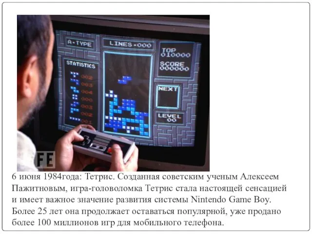 6 июня 1984года: Тетрис. Созданная советским ученым Алексеем Пажитновым, игра-головоломка Тетрис