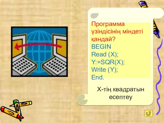 Программа үзіндісінің міндеті қандай? BEGIN Read (X); Y:=SQR(X); Write (Y); End. Х-тің квадратын есептеу