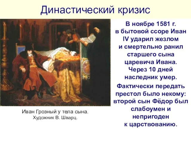 Династический кризис В ноябре 1581 г. в бытовой ссоре Иван IV