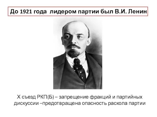 До 1921 года лидером партии был В.И. Ленин Х съезд РКП(Б)