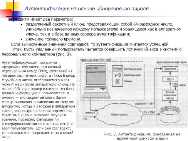 Аутентификация на основе одноразового пароля Алгоритм имеет два параметра: разделяемый секретный