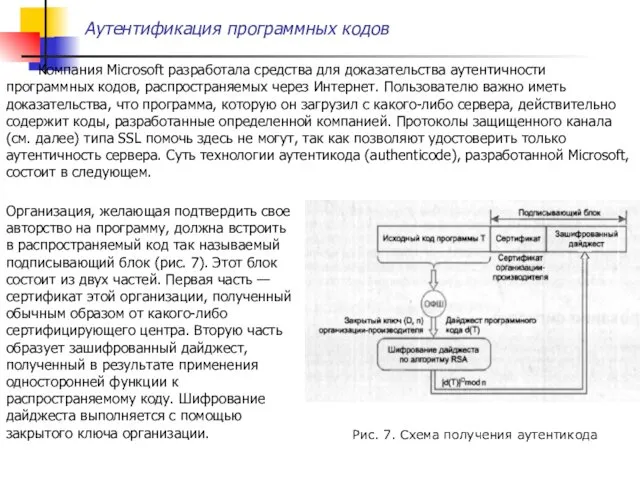 Аутентификация программных кодов Компания Microsoft разработала средства для доказательства аутентичности программных