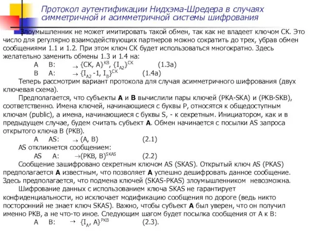 Протокол аутентификации Нидхэма-Шредера в случаях симметричной и асимметричной системы шифрования Злоумышленник