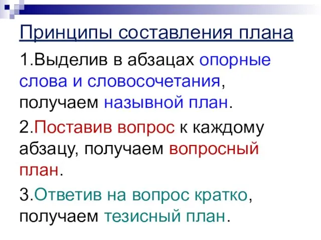 Принципы составления плана 1.Выделив в абзацах опорные слова и словосочетания, получаем